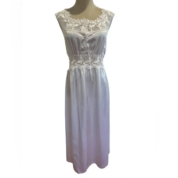 2PC 80s ROMANTIC PENIOR SET WHITE SATIN BUTTERFLY DESIGN LACE GOWN & ROBE SZ M - Picture 8 of 16